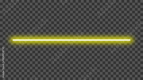 Neon glowing yellow straight line. Golden long line with realistic neon glow effect. Shining neon glow line isolated on transparent background. Vector illustration.
