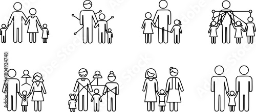 Family structures icon set: minimalist line art of generations and connections