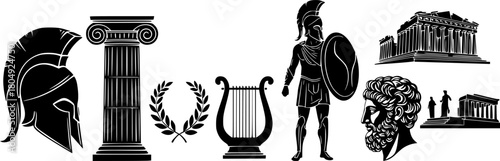 Ancient greek icon silhouettes featuring cultural and historical symbols