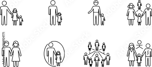 Family structures icon set: minimalist line art of generations and connections
