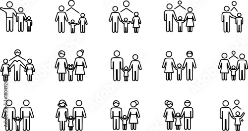 Family structures icon set: minimalist line art of generations and connections