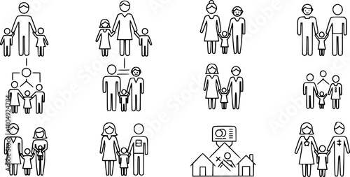 Family structures icon set: minimalist line art of generations and connections