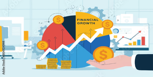 Financial Growth & Portfolio Management: Business Investment Concept with Pie Chart, Rising Arrow, Dollar Coins, and Data Analysis for Success and Wealth