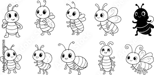 Cute cartoon insects collection with smiling faces and bright colors