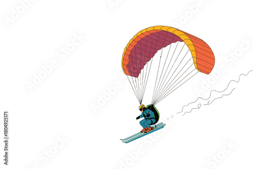 Paraglider skier gracefully descending a snow covered mountain slope in vibrant colors
