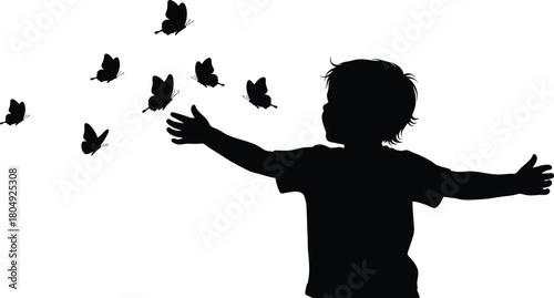 Child silhouette, butterfly motion, joyful interaction, nature connection, black background, outstretched arms, whimsical flight, artistic emotion, freedom concept, playful moment