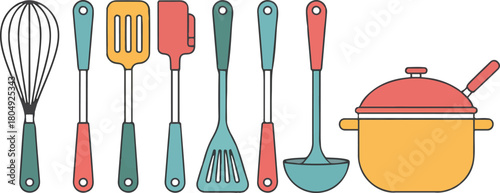Kitchen Utensils Set Equipment for Cooking Collection Whisk Spatula Ladle and Pot Isolated on Background Vector Illustration