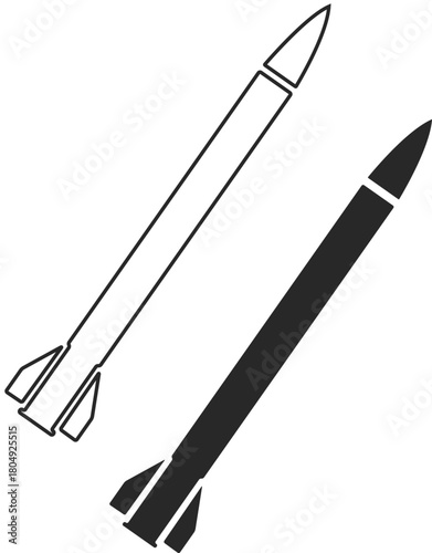 Icon of a rocket gaining altitude to attack a target, line and silhouette of a rocket, symbol of the missile forces.