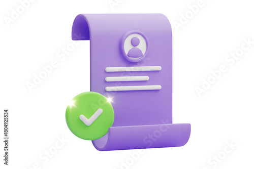 Approved document with checkmark and user icon - 3d render isolated on transparent background