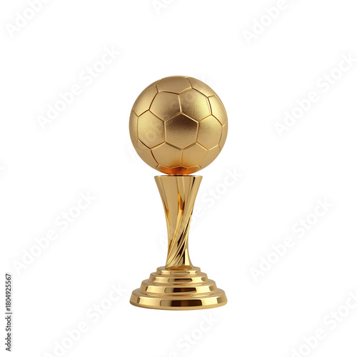Golden trophy cup beside soccer ball, championship awards for football tournament winners, isolated on a transparent background