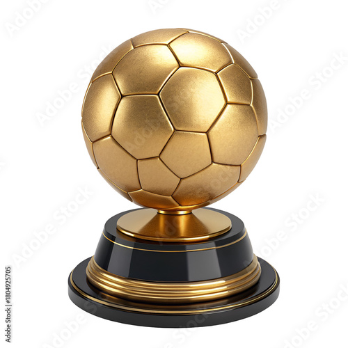 Golden trophy cup beside soccer ball, championship awards for football tournament winners, isolated on a transparent background