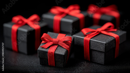 Black Gift Boxes with Red Ribbons on Red Background Under Spotlight – Holiday, Black Friday, Luxury Sale Illustration