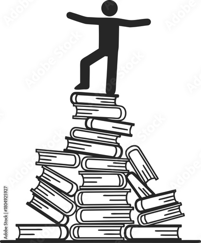 A man is trying to maintain his balance on a precarious stack of books. It is a symbol of the "perpetual student" and the "race to re-learn."