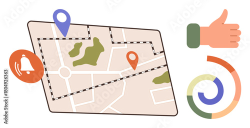 Map with location pins, a notification bell, a thumbs-up, and a circular progress indicator. Ideal for navigation, journey planning, notifications, user feedback, progress tracking data flow simple