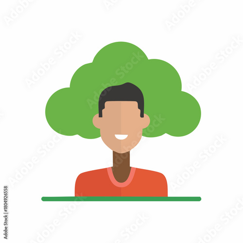Minimalist smiling person with green tree crown representing nature connection sustainability and growth concepts