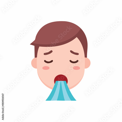 Cartoon boy experiencing a sneeze or cough with blue visual representation of expelled air or droplets