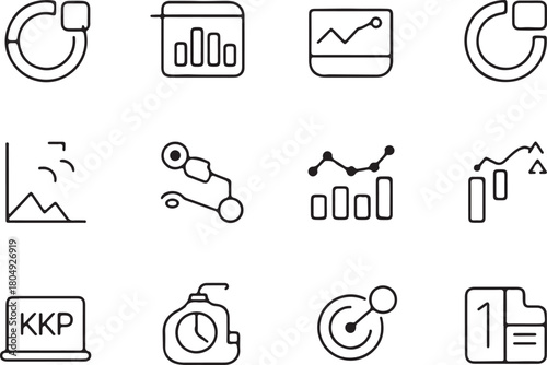Kpi dashboard of business analytics line art icon set. Flat black color editable line vector illustration