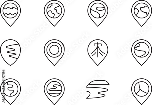 Location pin of travel tourism line art icon set. Flat black color editable line vector illustration