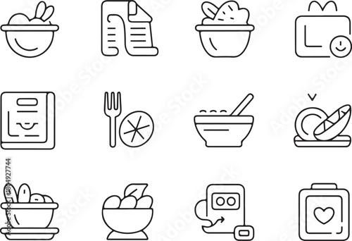 Online restaurant meal plan subscription line art icon set. Flat black color editable line vector illustration