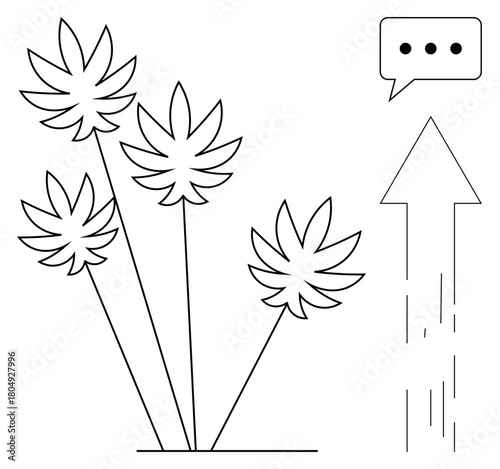 Cannabis plants aligned with upward arrow and speech bubble with ellipses. Ideal for growth, communication, cannabis industry, progress, innovation, strategy, minimalism. Simple flat metaphor