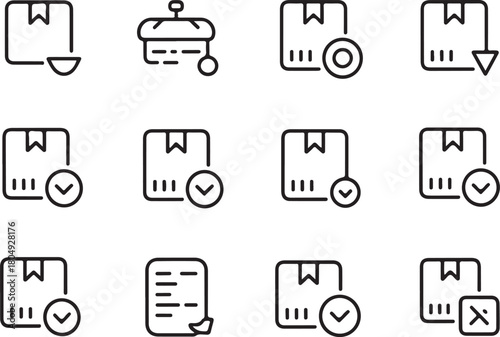 Online restaurant order tracking line art icon set. Flat black color editable line vector illustration