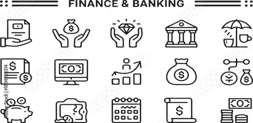 Finance & Banking Line Icons: Investment, Loan, Bank, Money Management, and Business Growth Outline Vectors Set