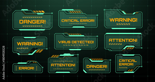 Set of futuristic HUD error and warning interface elements. Digital alert messages for cyber security or gaming display.