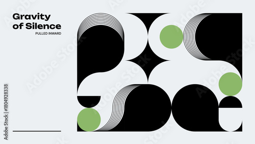 Abstract geometric pattern background with black shapes and green circles. Minimalist vector art for modern graphic design and digital projects.