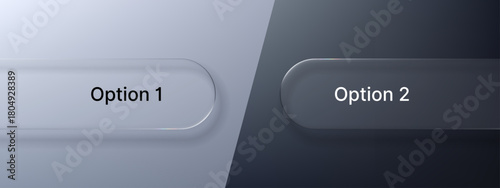 Liquid glass button with text option 1 for light mode and option 2 for dark mode. User interface element. Modern UI design for web development.