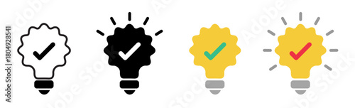 Light bulb with check marks, representing ideas and validation in different styles and colors.