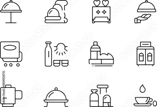 Room service of hospitality services line art icon set. Flat black color editable line vector illustration