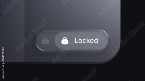Interface element with locked padlock icon and text inside a liquid glass button. Digital security concept for web design or mobile app.