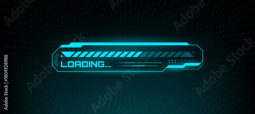 Futuristic loading bar with progress status on a dark background. Concept of data processing, software upgrade, system initialization or game interface.