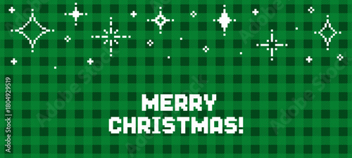 Green plaid pixel art pattern with Merry Christmas text. Retro 8-bit video game style holiday greeting for banner or social media post.
