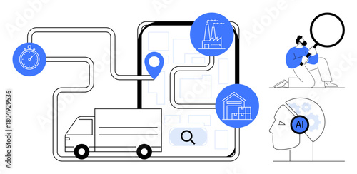 Delivery truck on map with location pin, buildings, stopwatch, person analyzing and AI head. Ideal for logistics, supply chain, AI, tracking technology data analysis and efficiency themes. Simple