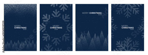 Set of four winter Christmas cards on a dark background. Merry Christmas and new year 2020 concept with snow, fir tree, and snowflake patterns.