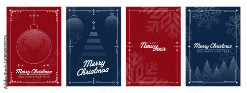 Set of four christmas and Happy New Year card with deer, snowflakes, tree for winter holiday celebration and greeting.