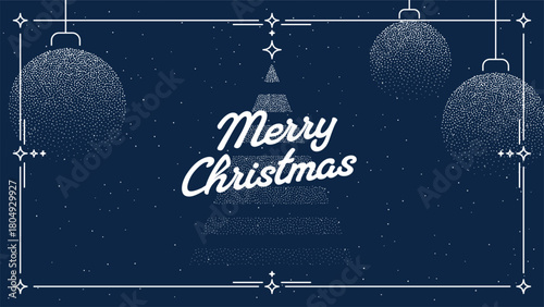Merry Christmas text with dotted tree and ornaments. Holiday greeting card design. Festive banner or background illustration for event.