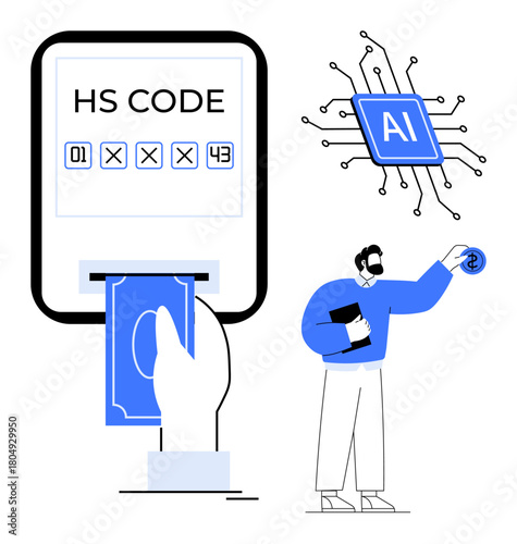 Customs HS code input, AI chip, man with document, and dollar symbol. Ideal for trade, tech, automation, AI finance tax customs. Clear visuals simple flat metaphor