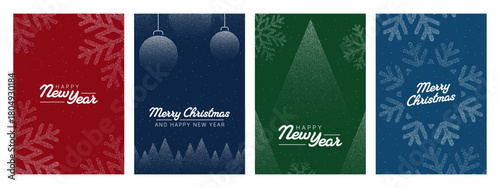 Set of festive christmas and new year vector cards with dot textured snowflakes, ornaments, and trees for holiday greeting card design.