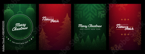 Four festive glitter holiday cards with merry Christmas and Happy New Year greetings. Vector design for seasonal celebration.