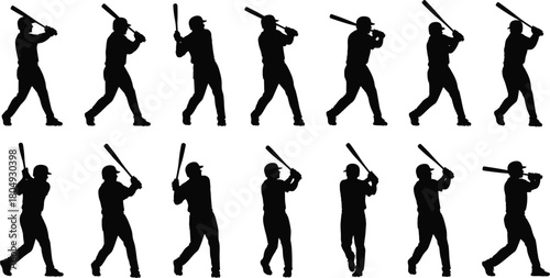 Set of baseball player silhouettes, batting man in different poses, black vector illustration isolated on white background, sports athlete swinging bat collection