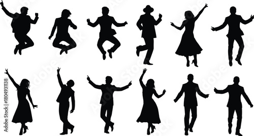 Set of black silhouettes showing happy business men and women dancing, jumping and celebrating success, isolated on white background, vector illustration collection