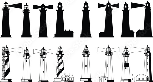 Set of lighthouse silhouettes and linear icons, vector maritime beacons with light beams, isolated on white background, nautical tower collection for navigation design