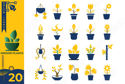 Indoor houseplant icons set with modern flat style potted plants, hanging planters and floral decorative elements for home decor and botanical design