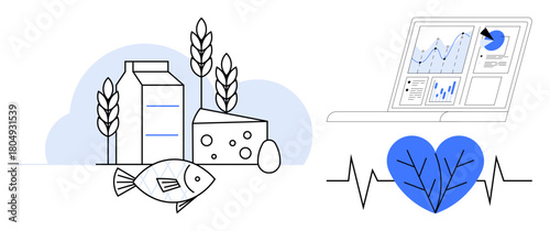 Milk, wheat, cheese, egg, fish with heart rate and leaf symbol alongside analytics dashboard. Ideal for health, fitness, wellness sustainability nutrition data analysis monitoring. Simple flat