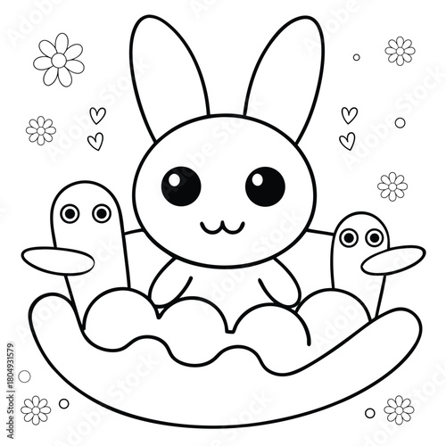 bunny paddling small boat on pond with ducks coloring page