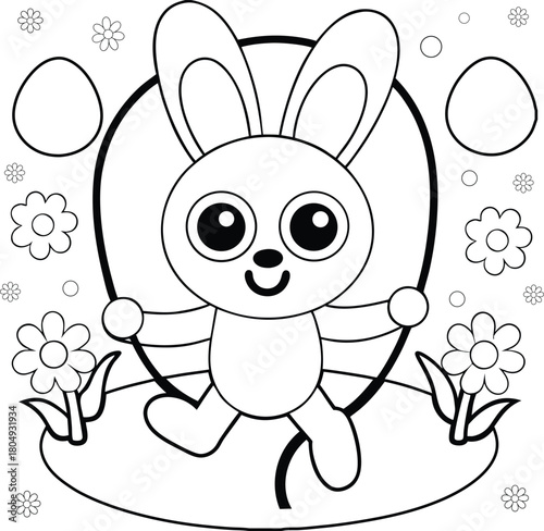 cartoon bunny jumping rope in field wearing dress coloring page