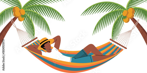 Man Relaxing in Hammock Between Palm Trees Flat Vector Illustration at Resort. Tourist Summer Vacation Trip Getaway and Holiday Concept