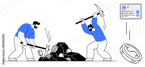 Workers break large blocks using tools to unearth digital currency digital ID and coins float nearby. Ideal for blockchain, finance, cryptocurrency, labor, technology, digital economy, simple flat